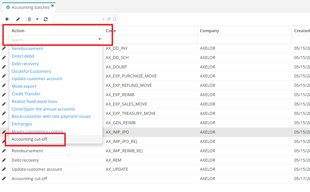 1.1. Action field and drop-down menu from which you can select “Cut off accounting” to display only the relevant accounting batches.